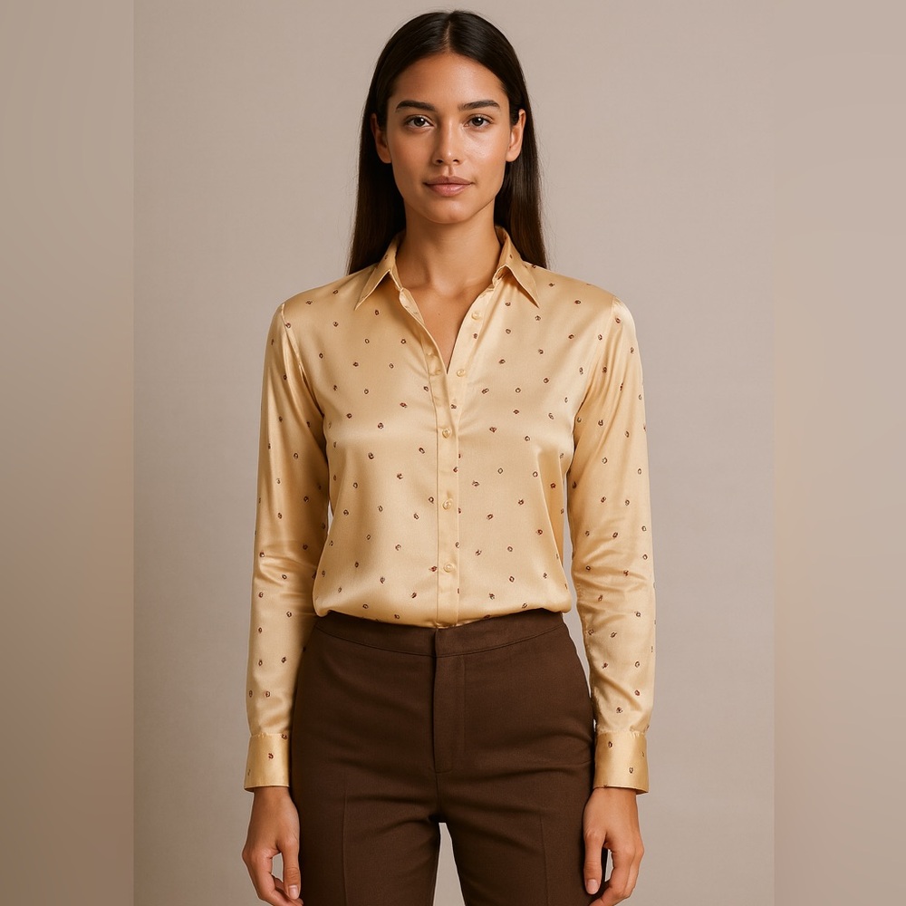 Vintage Stuart Lang Silky Diamond Print Blouse, Pale Marigold, Lightweight, 3/4